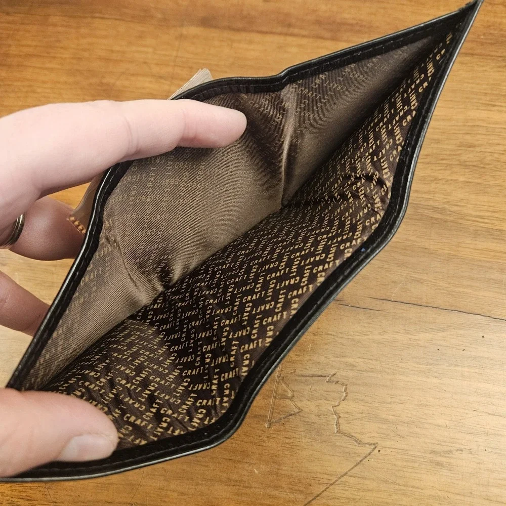 Vintage Craft Trifold Wallet Top Grain Cowhide Leather Made in USA Black Texture